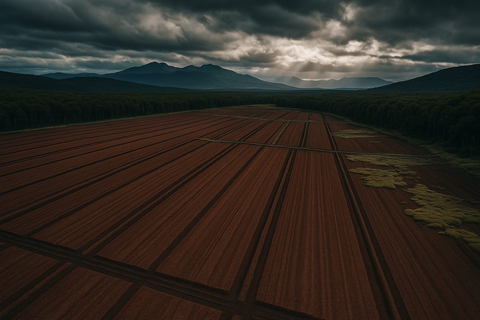 Vista aérea de la turbera en Tierra del Fuego, campos de turba cosechada rodeados de bosque de lenga